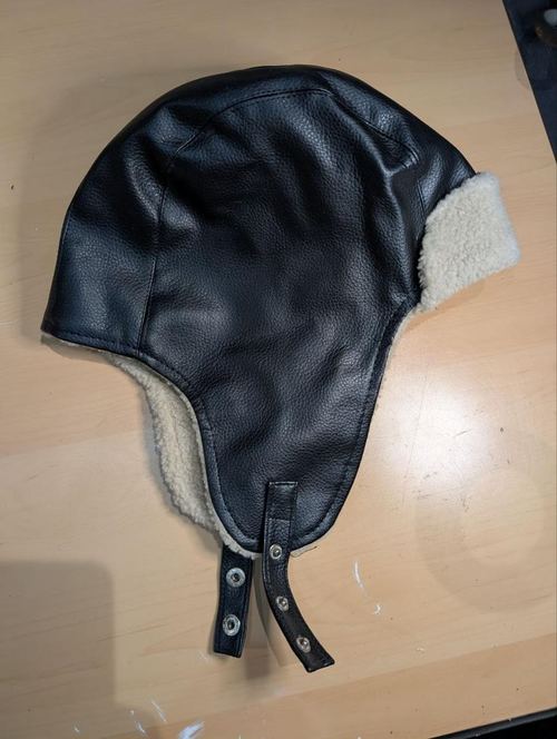 Black Leather Aviator Trapper Hat Fleece Lined Flying Helmet Ear Flaps Pilot